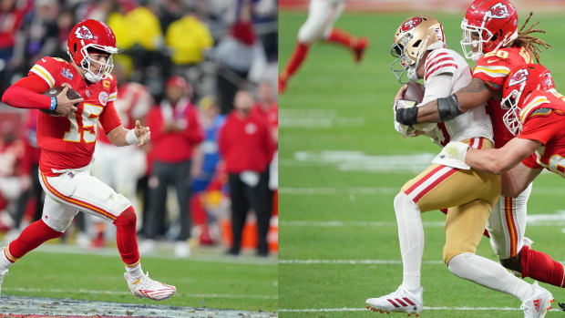 Patrick Mahomes and Brock Purdy during Super Bowl LVIII.